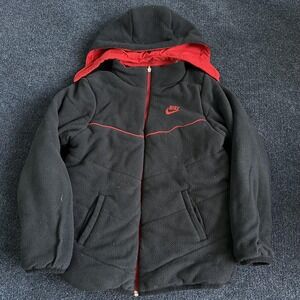 Vintage Y2K Nike Jacket Youth Medium Black Reversible Hooded Full Zip Puffer Red